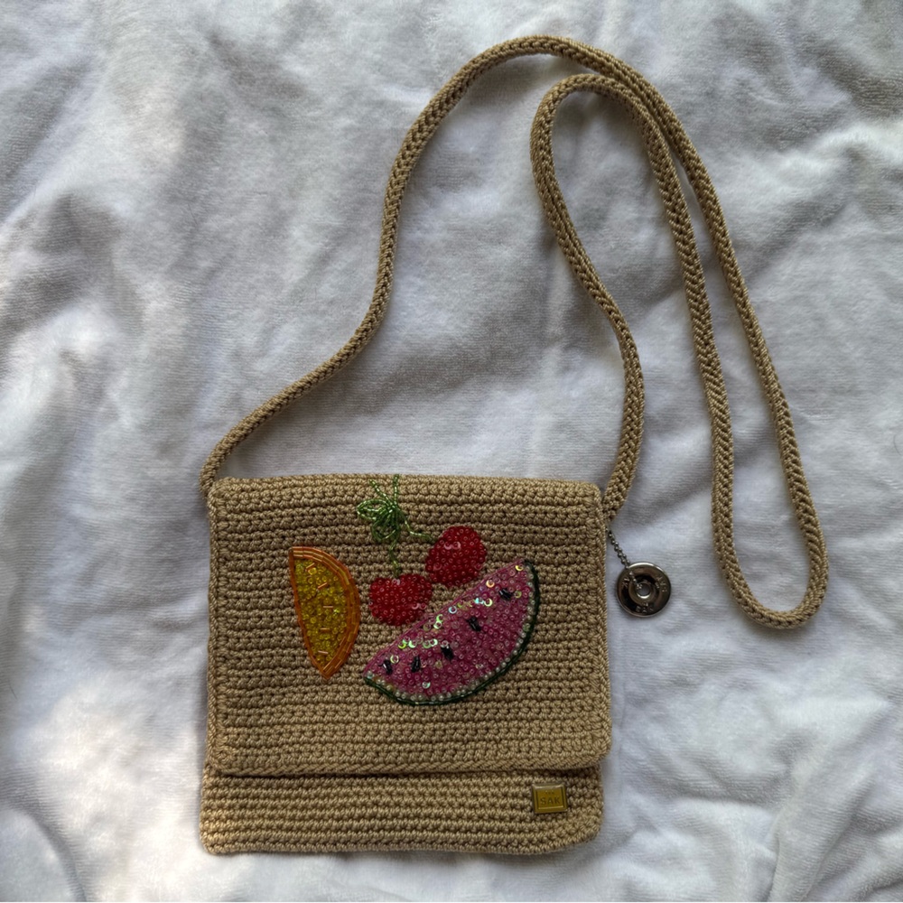 Beige Crochet Crossbody Bag with Fruit Embroidery